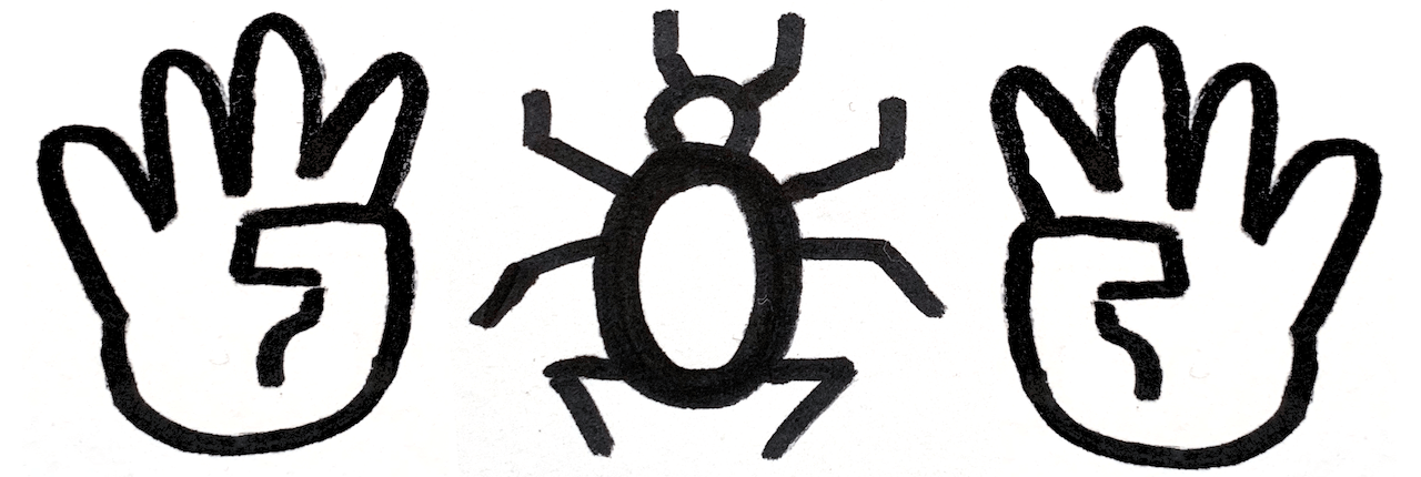 Scan of a hand-drawn sketch representing the number 404 with two hands counting four and a bug in the middle