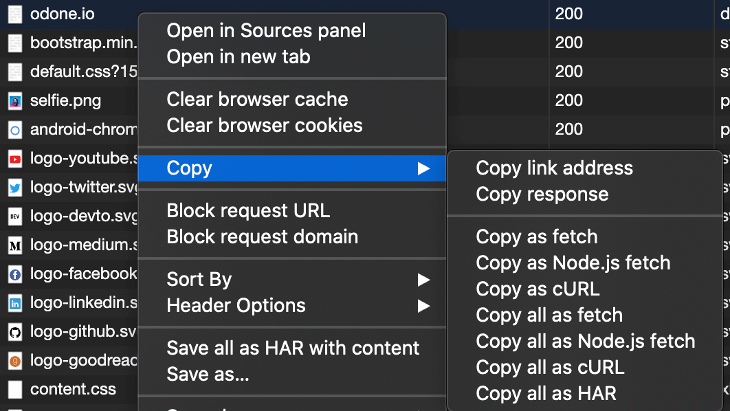 Screenshot of the menu that appears when right-clicking a request in the dev tool's network tab